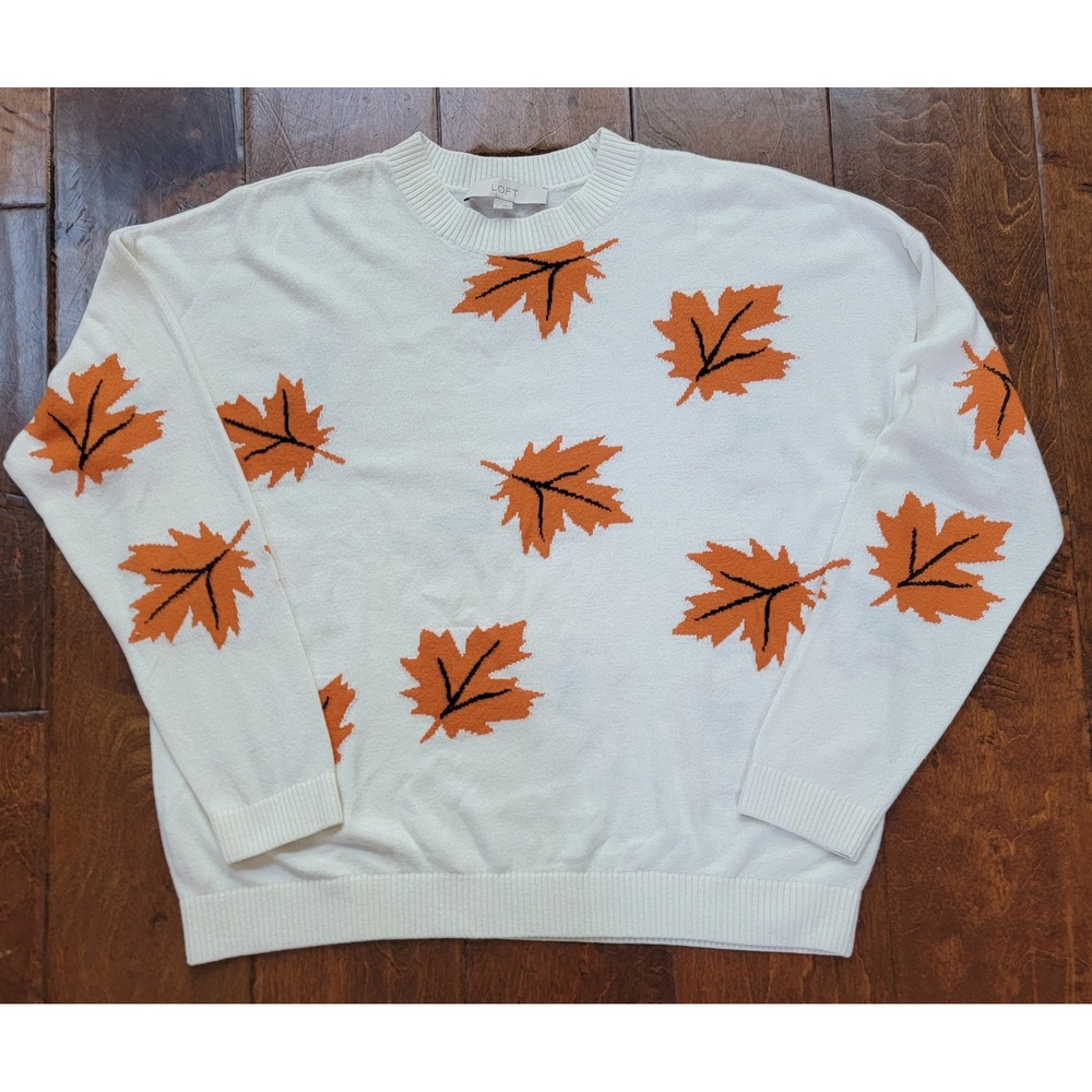 LOFT Womens White Orange Maple Leaf Intarsia Crew Neck Sweater Large Fall Cozy